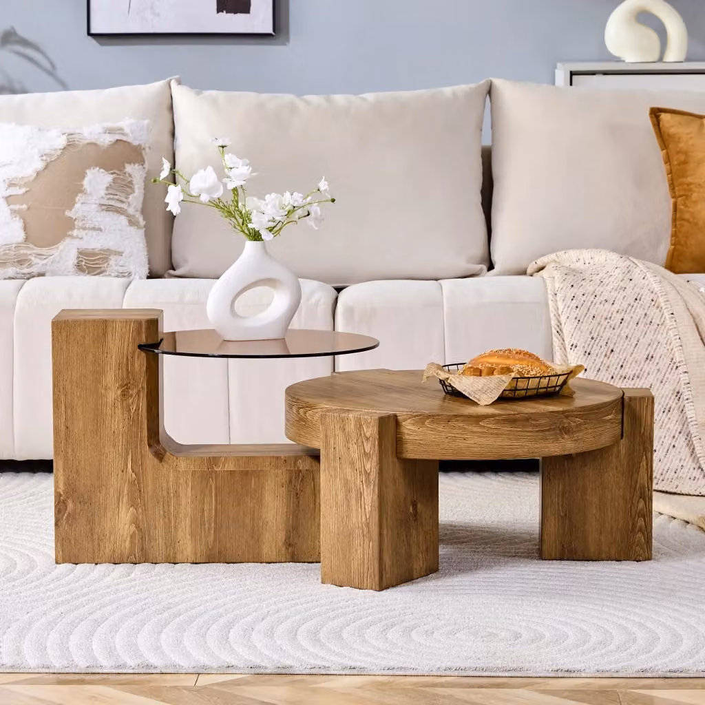 Set di 2 tavolini rotondi a due livelli REDOM in MDF effetto legno e vetro marrone, Diametro: 61 cm – 2
