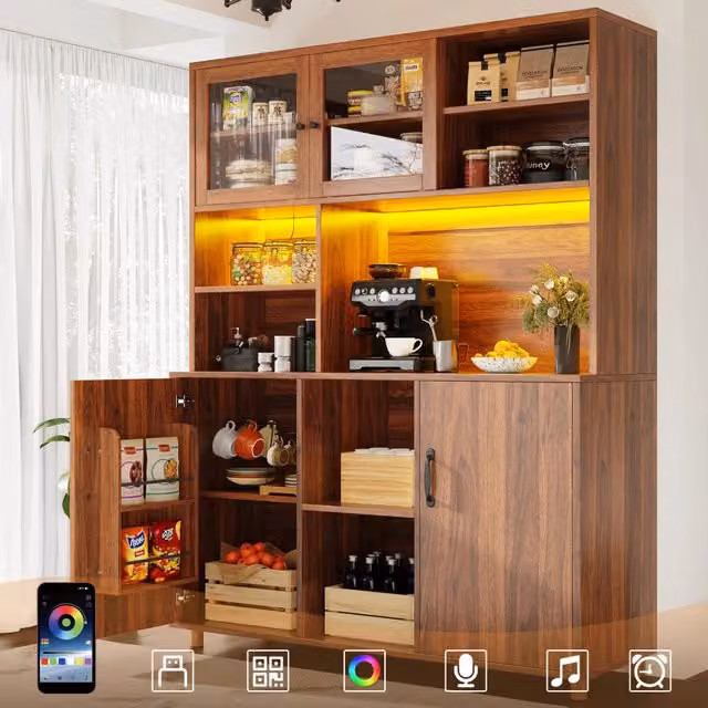 Armadio soggiorno Zephmum con illuminazione LED e ripiano snack, colore noce, L: 140 cm, P: 40 cm, H: 185 cm