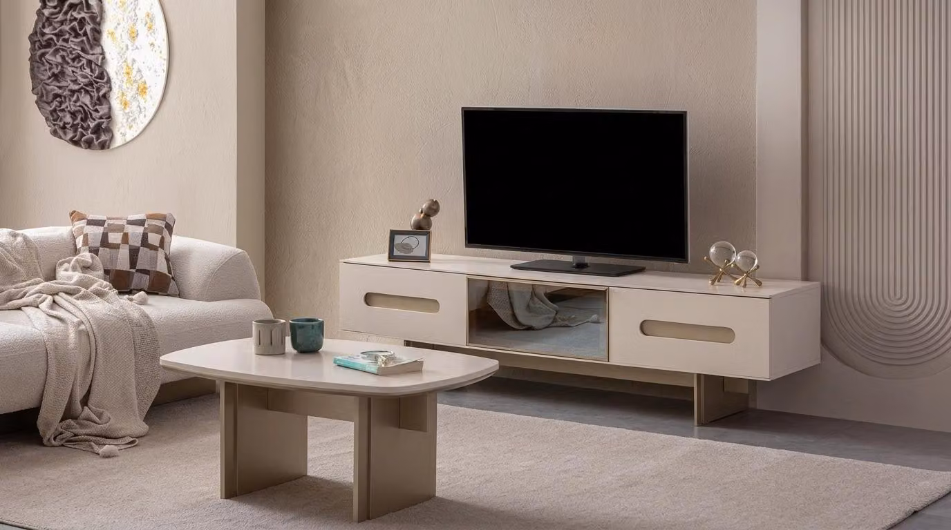Set per soggiorno: mobile TV a basso profilo, tavolino, design moderno, colore beige, elegante, esteticamente piacevole