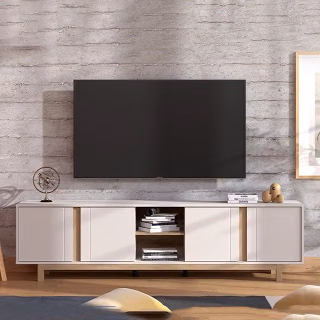 Mobile porta TV moderno DMORA Capaci con 2 ripiani e passacavi, L/P/H: 202 x 40 x 54 cm, Bianco Crema