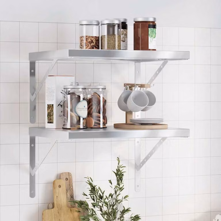 vidaXL Set di 2 Mensole da Muro in Acciaio Inossidabile Argento Opaco L: 50 cm, P: 40 cm, H: 25 cm