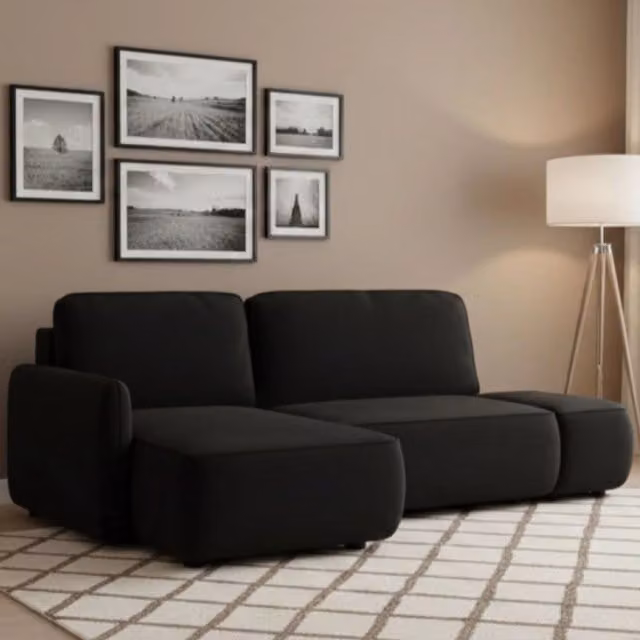 Divano Letto Rezno DMORA con Penisola Contenitore, Modello L-Shape con Struttura in Legno e Rivestimento in Tessuto, Nero, L/P/H: 229 x 148 cm