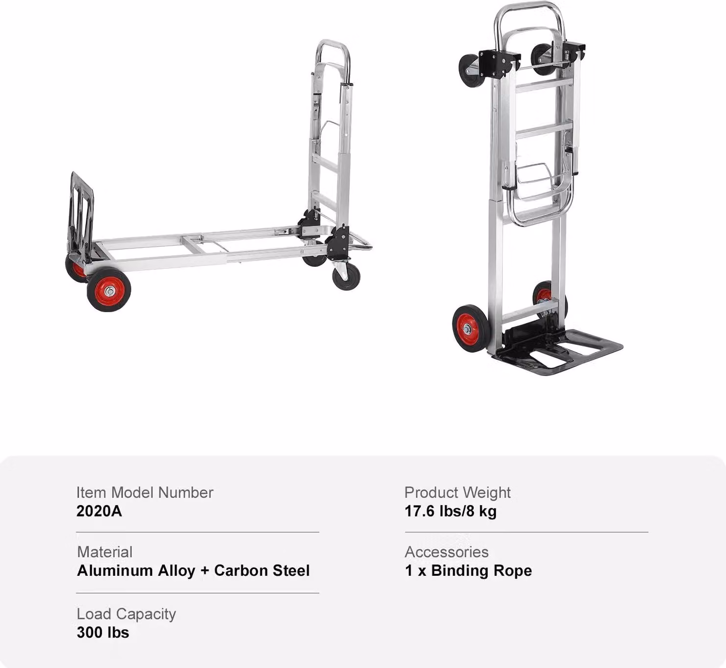 Carrello manuale pieghevole, lega di alluminio, design pieghevole, 300 lbs argento