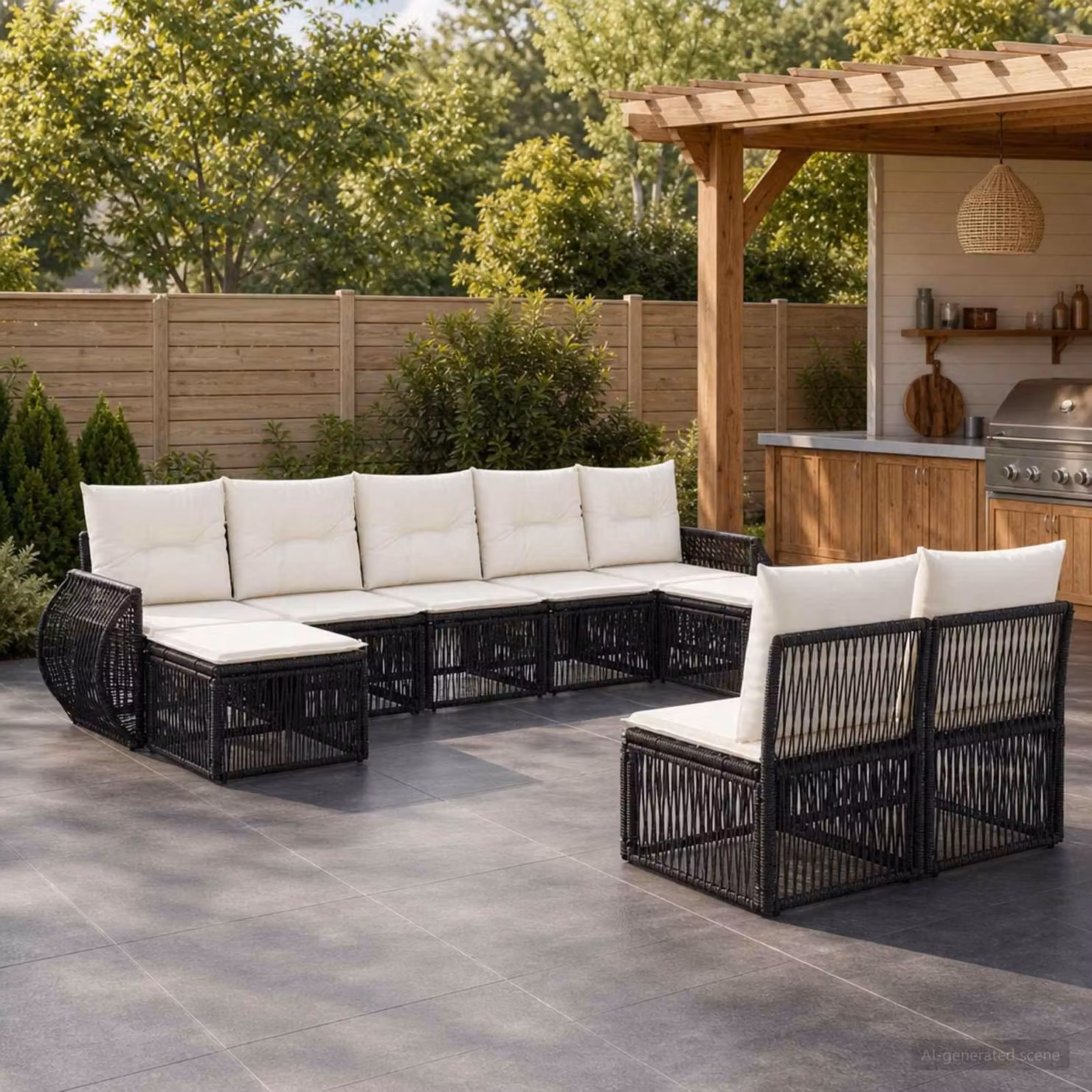 Maison Exclusive - Set da giardino composto da 9 pezzi. Divano e poltrone in rattan sintetico, colore nero e crema