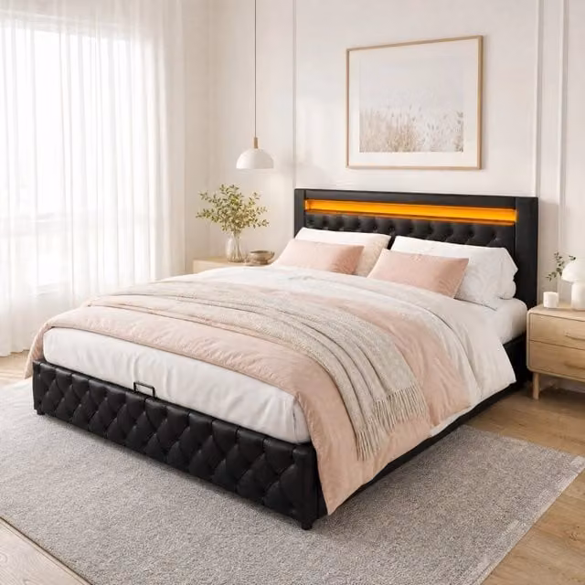 Letto 140x190 cm con vano contenitore, LED regolabili e rivestimento in PU nero