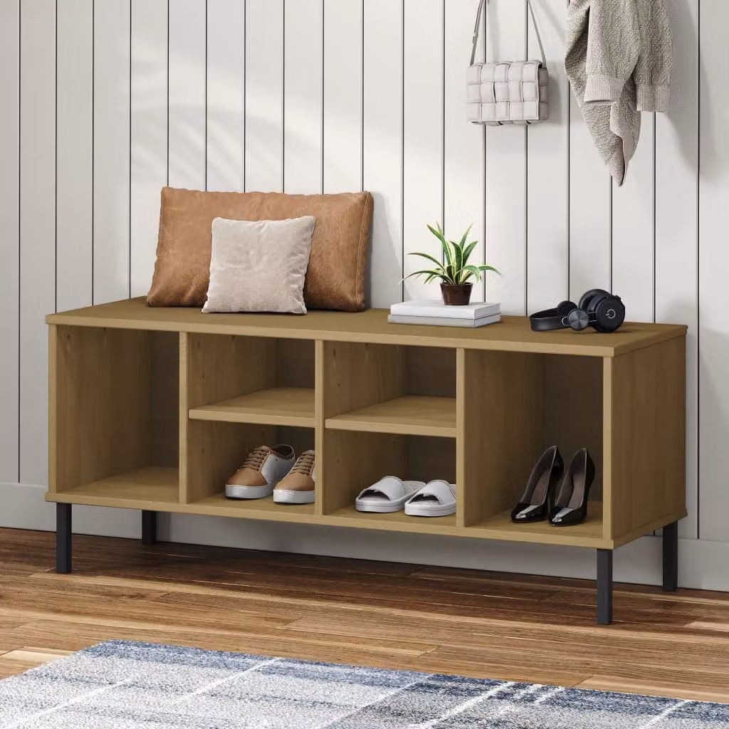 Scarpiera OSLO vidaXL in legno massello di pino e metallo, colore marrone, L: 106 cm, P: 35 cm, H: 45 cm