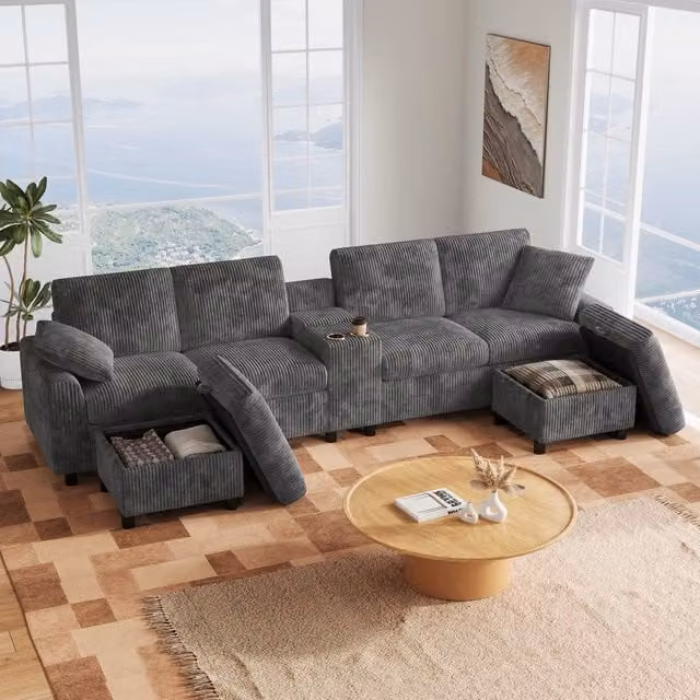 Divano a U WISHDOR in velluto a coste grigio con sedute contenitore e porte USB e Type-C L: 315 cm, P: 135 cm, H: 81 cm