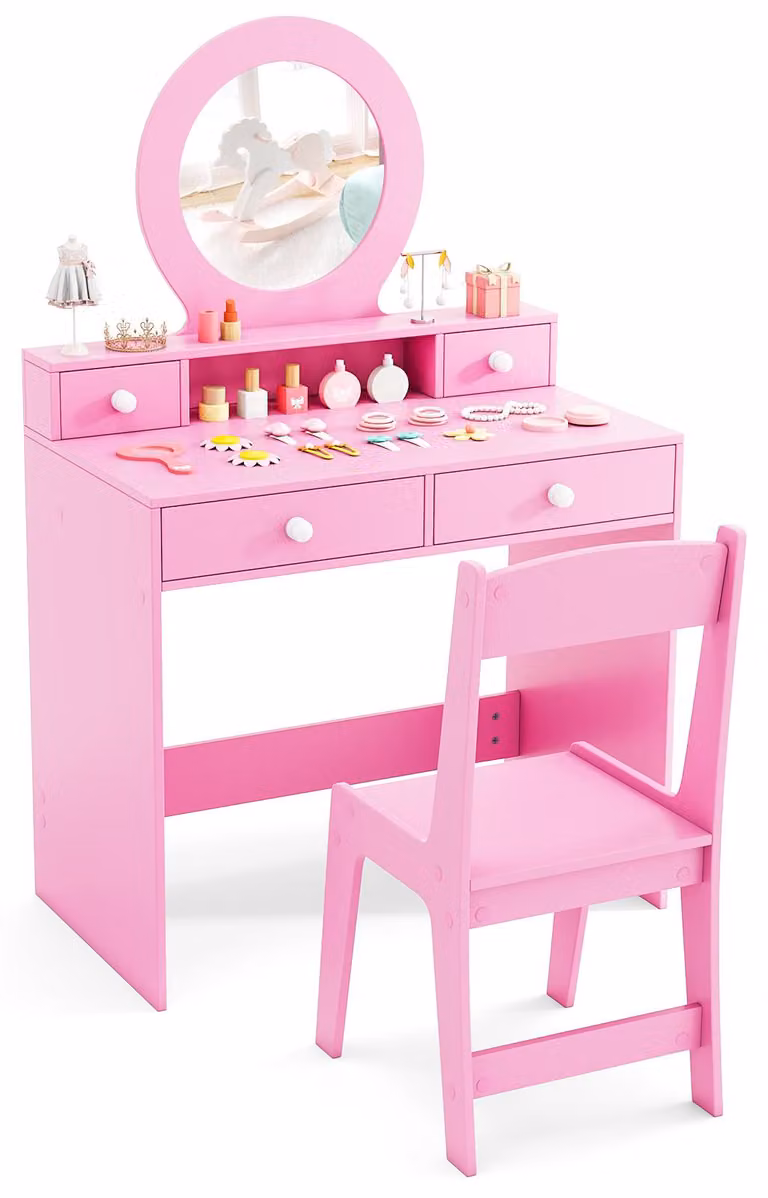 Comò da trucco per bambini, ragazze, con sedia. Comò per bambini con specchio in acrilico, 4 cassetti, ripiano aperto, scrivania in legno bianca. Capacità di carico: 50/75 kg. Adatto a bambini dai 3 anni in su. (Rosa)