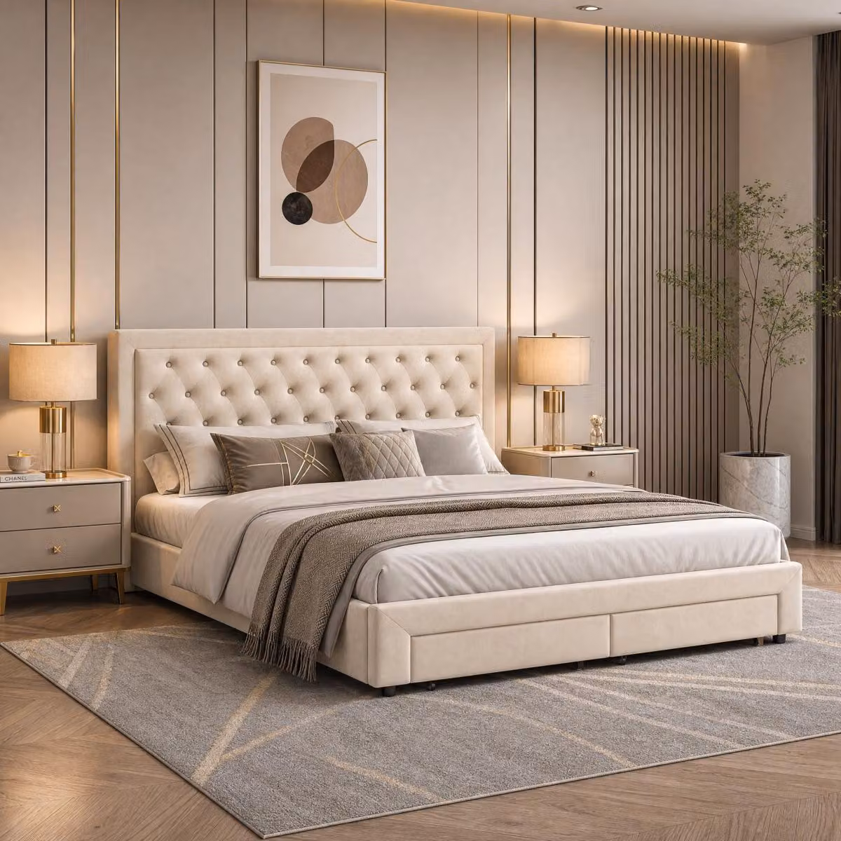 Letto matrimoniale con boxspring, imbottito, dimensioni 180x200 cm, con spazio contenitore, dotato di 2 cassetti, sistema di sollevamento idraulico, adatto anche per ragazzi, rivestito in velluto, colore beige