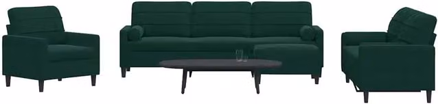 Set di divani moderno vidaXL in velluto verde con cuscini e pouf, composto da un divano a 3 posti, un divano a 2 posti, un pouf e cuscini decorativi con struttura in metallo