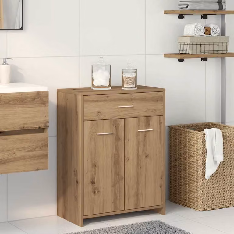 Armadietto da bagno sospeso vidaXL in legno MDF color rovere con ante e cassetti L 60 cm x P 33 cm x H 80 cm