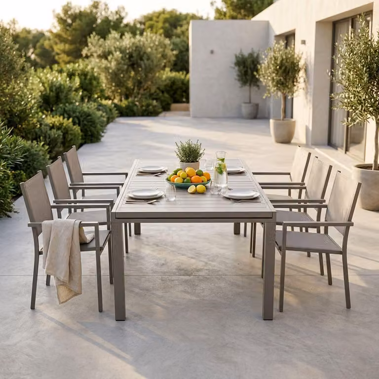Milani Home - Set Tavolo Giardino Rettangolare Allungabile 200/300x100 Con 6 Poltrone In Alluminio Taupe Da Esterno Giardino - Taupe