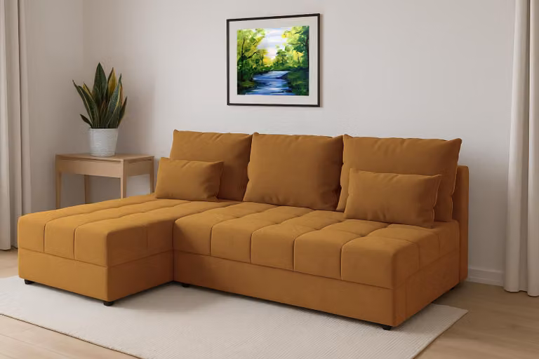 AX LIVING Divano angolare piccolo con funzione letto Dolceo trapuntato giallo 206 cm