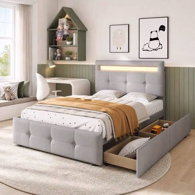 Letto imbottito 90x200 cm grigio con LED e 2 cassetti, rete a doghe inclusa, senza materasso
