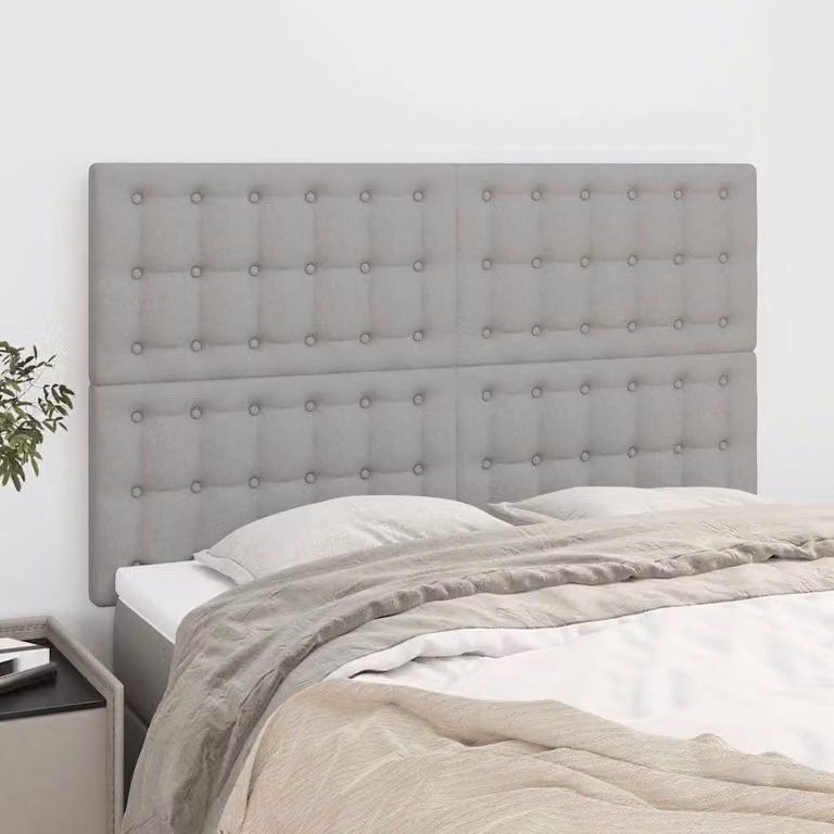 Testiera per letto vidaXL in tessuto grigio chiaro con struttura in legno e pannello imbottito L: 144 cm, P: 5 cm, H: 118/128 cm