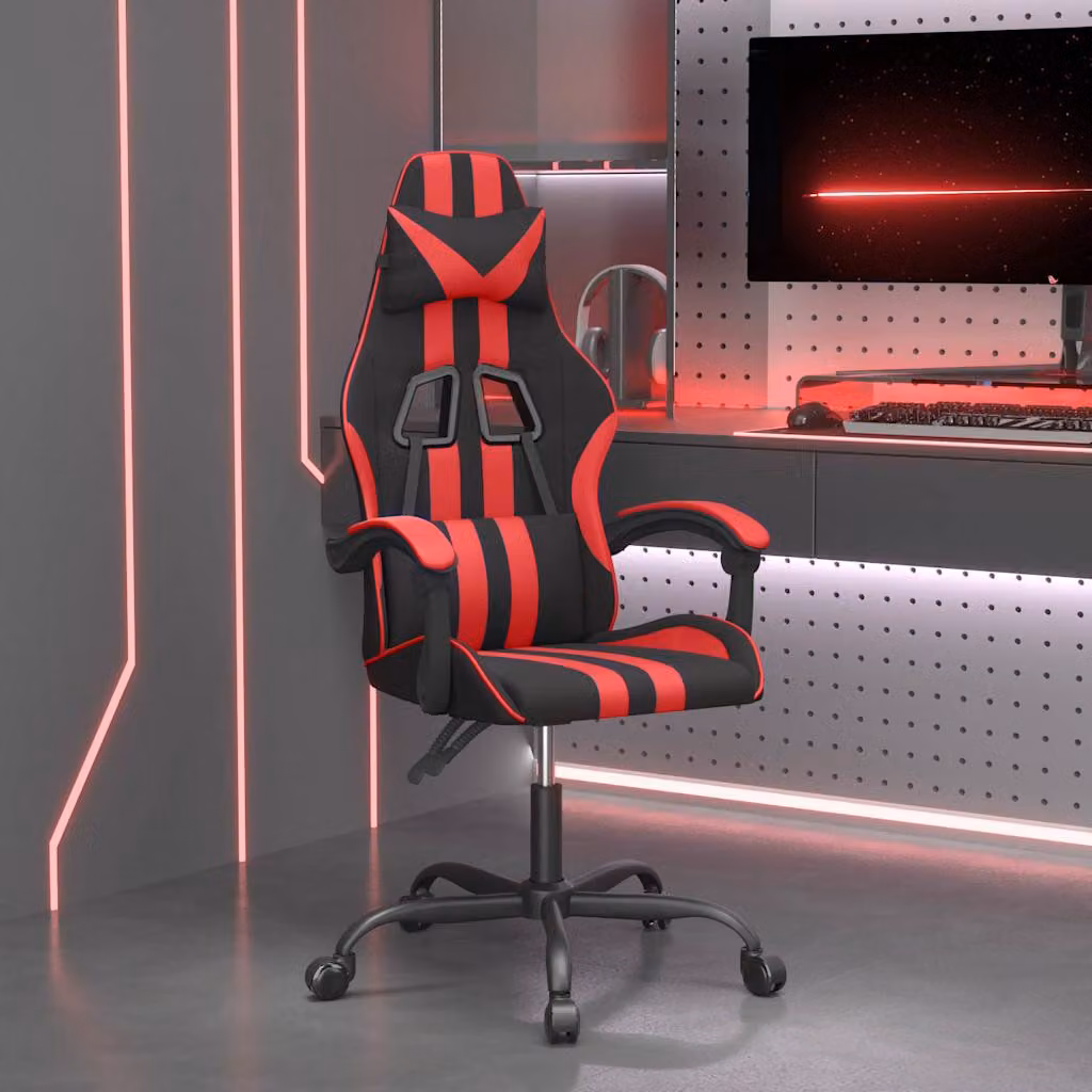 Sedia da Gaming vidaXL in Similpelle Nera e Rossa con Poggiatesta e Ruote, Girevole a 360 Gradi