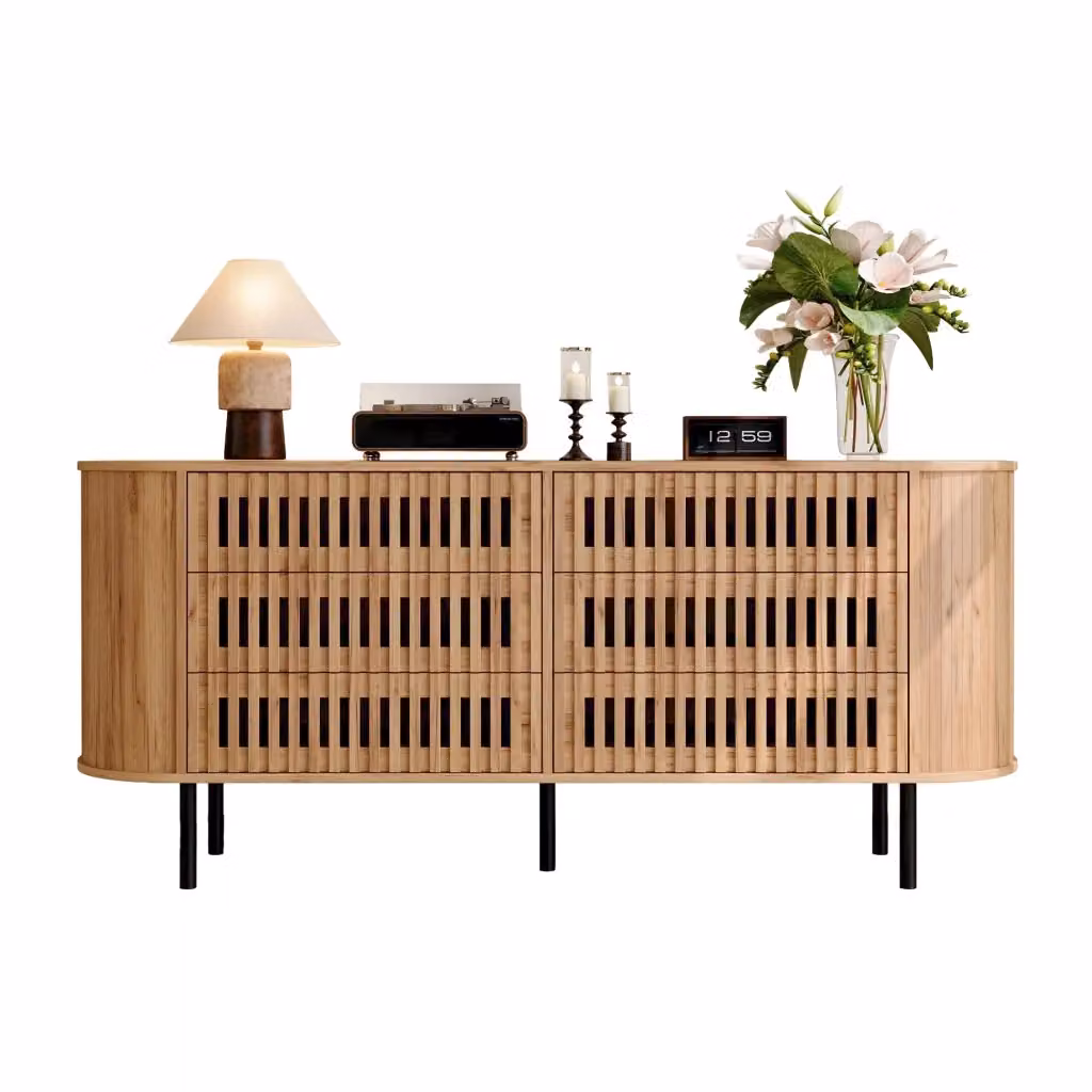Madia moderna con 6 cassetti e design a lamelle traforate per soggiorno o ingresso, gambe in metallo, L: 160 cm, P: 40 cm, H: 70 cm – 2