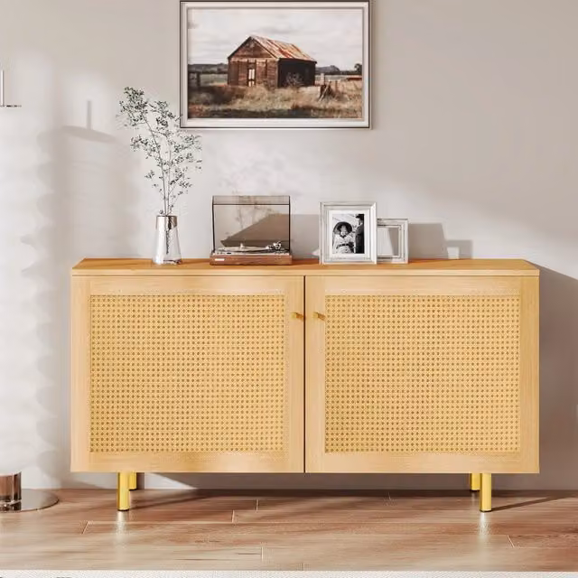 Sideboard a 2 ante in intreccio di vimini, stile rustico per sala da pranzo, aspetto legno naturale, 120x40x63 cm