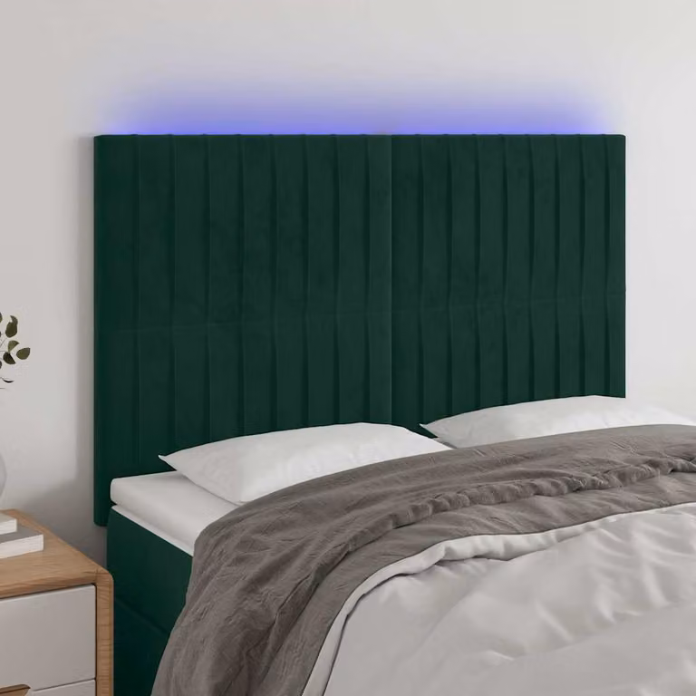 Testiera per letto vidaXL in velluto verde scuro con illuminazione LED e porta di ricarica USB, L: 144 cm, P: 5 cm, H: 118-128 cm