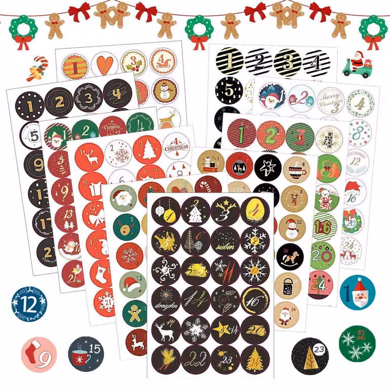 Adesivi per calendario dell'Avvento con numeri da 1 a 24, confezione da 240 pezzi, diametro 4 cm, ideali per decorazioni natalizie, progetti fai-da-te e creazioni