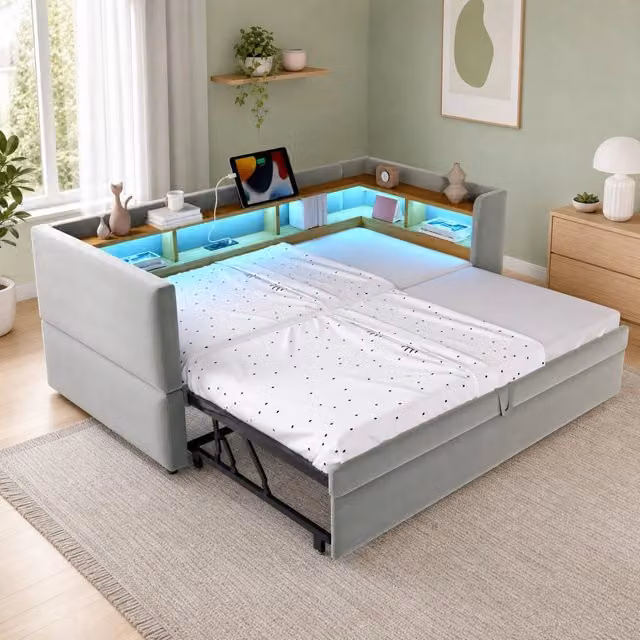 Divano letto estraibile 90/180 x 190 cm con LED; prese e ripiani; flanella grigio chiaro