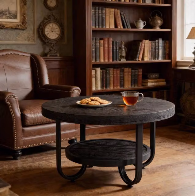 Tavolino da salotto rotondo ULEVR a 2 livelli con piano da 79 cm e ripiano inferiore da 50 cm, MDF e metallo nero