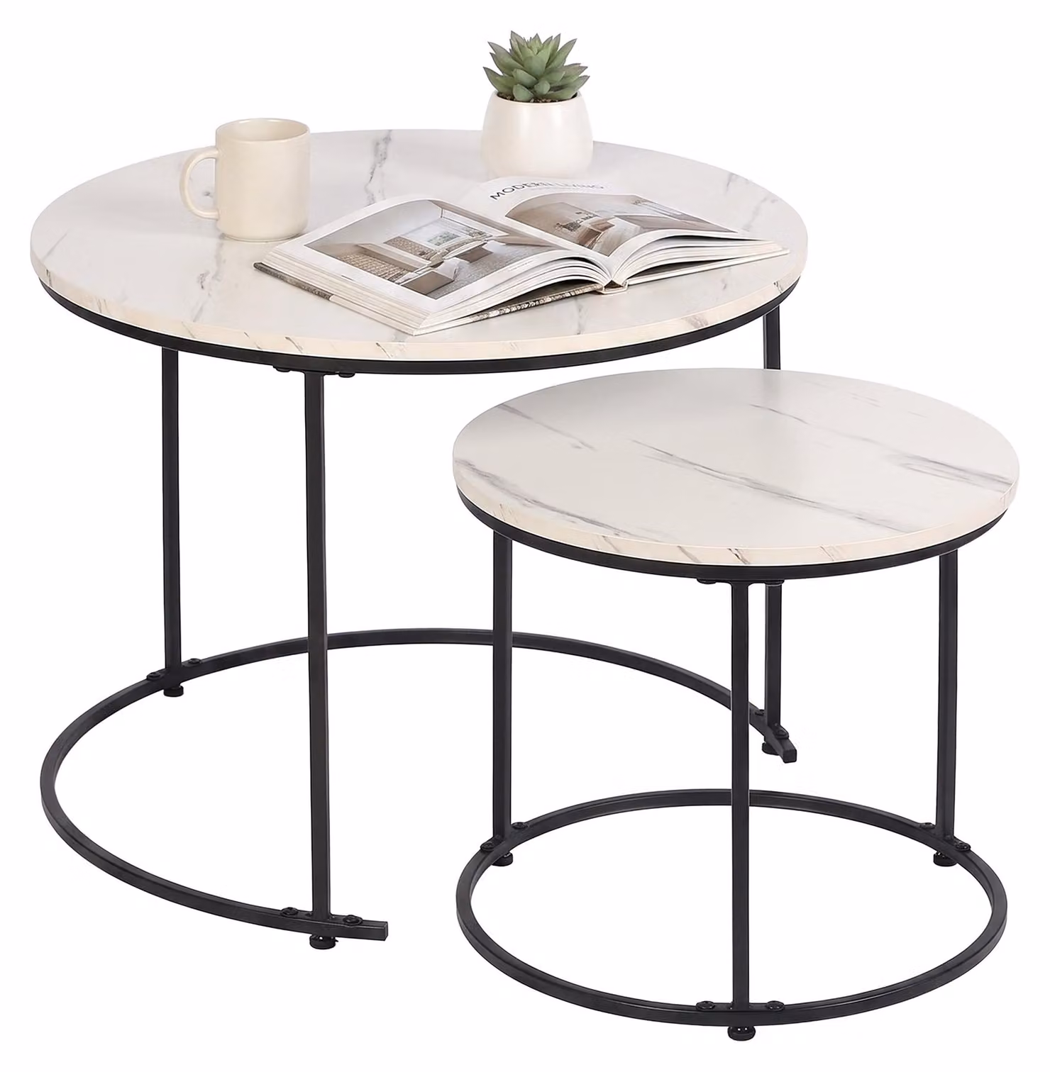 Relaxdays, set di tavolini, 2 pezzi, 2 dimensioni, aspetto marmo, metallo, tavolini rotondi, ideali per il soggiorno, come tavolino da caffè, bianco/nero
