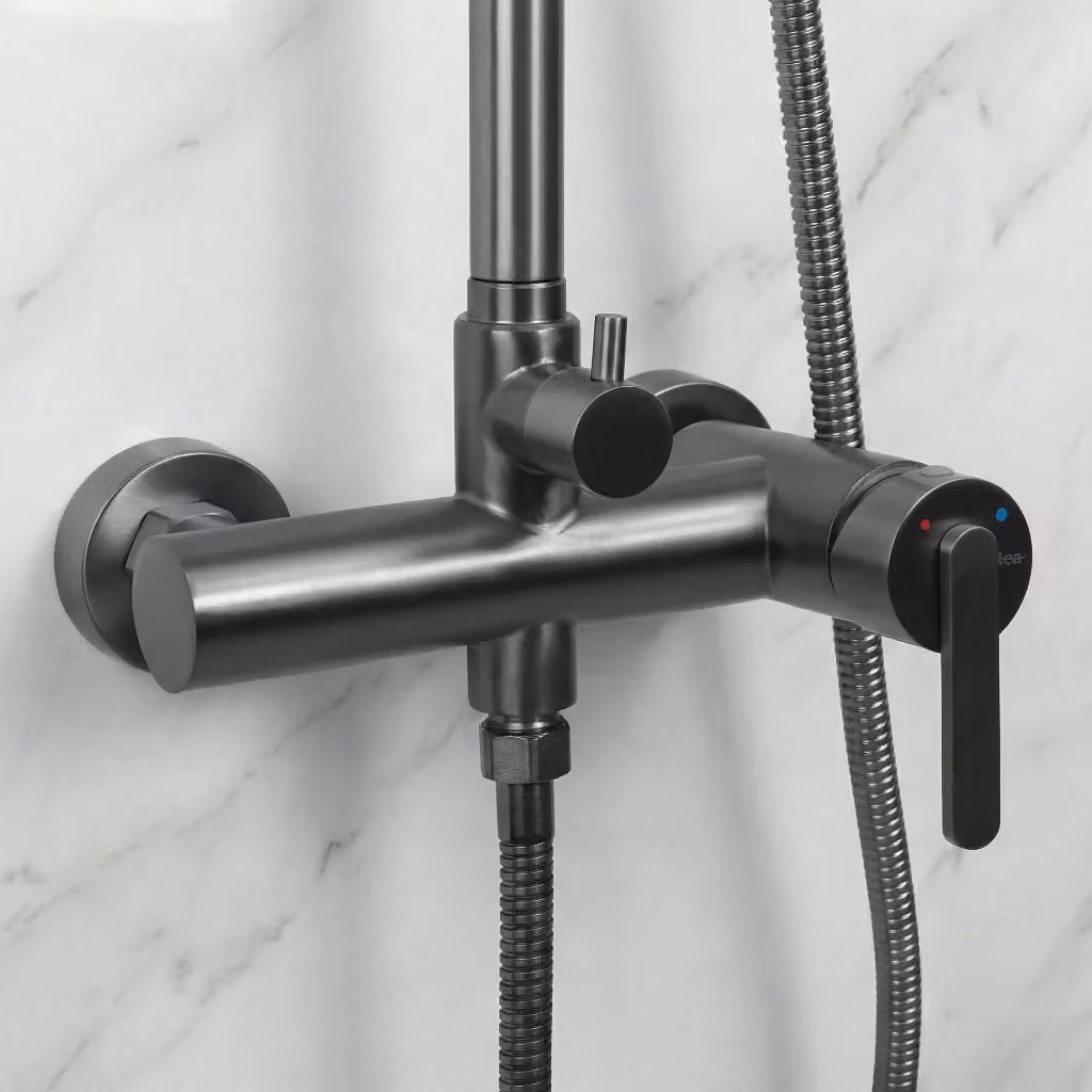 Set Doccia Rea Ontario Titan con Soffione Rain e Doccino, Installazione Esterna, Colore Antracite e Ottone Spazzolato – 2