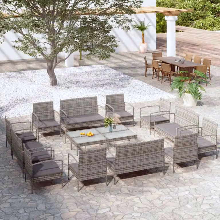 Set di divani da giardino vidaXL 16 pezzi in rattan grigio con cuscini e tavolino da esterno