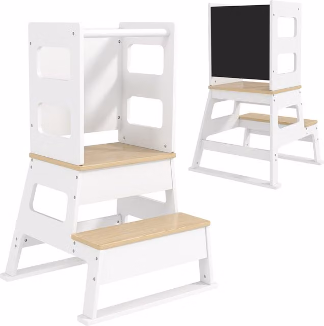 Scala Montessori AIYAPLAY per bambini con lavagna e ringhiera, struttura trapezoidale in legno, Bianco e color Legno, L: 55 cm, P: 52.5 cm, H: 87.5 cm