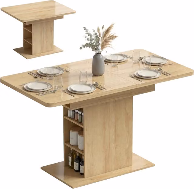 Tavolo da pranzo allungabile per cucina e soggiorno in MDF legno naturale, 110-130x70 cm, 4-6 persone, 6 ripiani salvaspazio