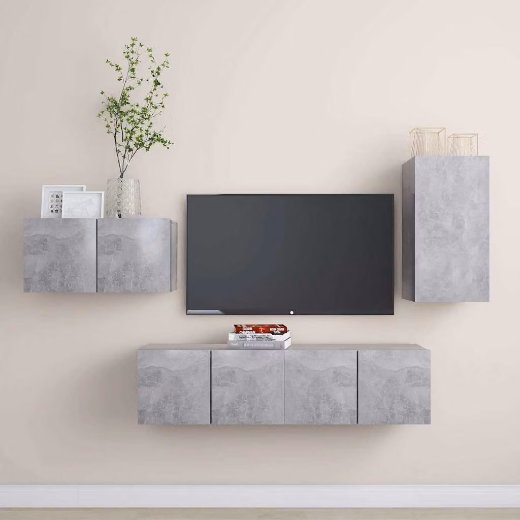 Set di mobili porta TV moderno vidaXL in 4 pezzi, colore grigio, in legno e MDF, con design astratto e finitura opaca, da appendere a parete