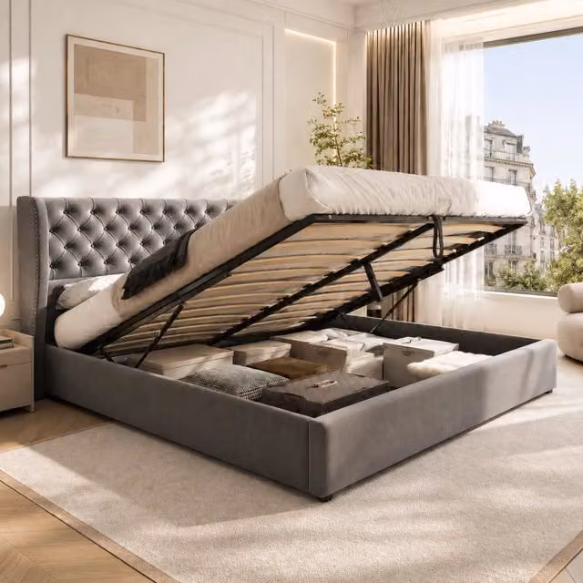 Letto contenitore imbottito in velluto con testiera a orecchie, trapuntatura a rombi e bottoni, grigio, 180x200 cm