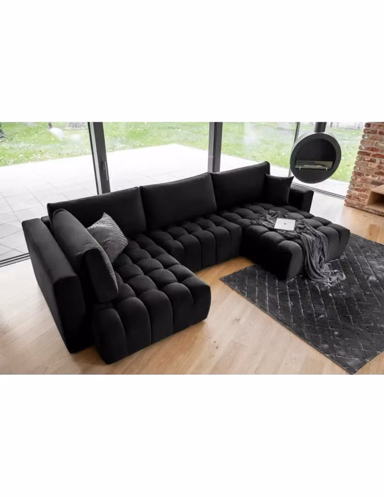 Divano angolare convertibile BONITA MEUBLORAMA nero effetto velluto, 6 posti, lato destro, L 350 cm x P 175 cm – 2