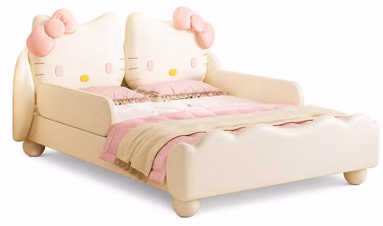 Letto per bambini beige a tema Hello Kitty, con sponde laterali, design moderno, ideale per bambine