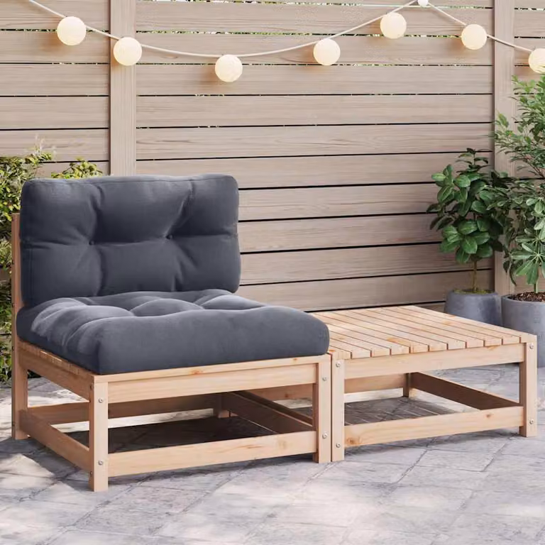 Set da giardino moderno vidaXL in legno massello di pino con cuscini inclusi, composto da divano a 2 posti, poltrona lounge e pouf, colore grigio antracite
