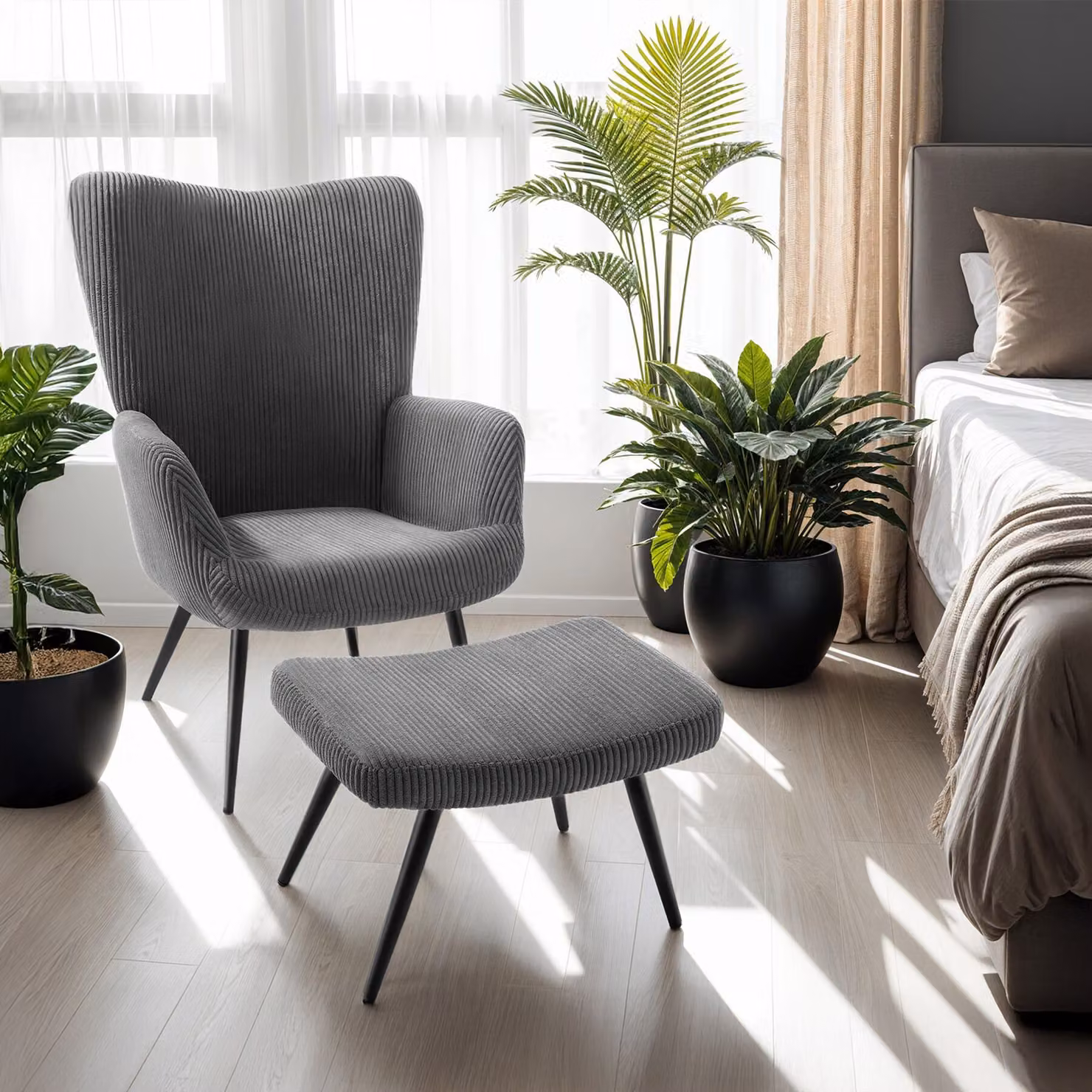 Poltrona Hygge tectake con pouf coordinato, design ergonomico in velluto e corda, colore antracite e nero, L: 100.5 cm, P: 72.0 cm, H: 76.0 cm – 3