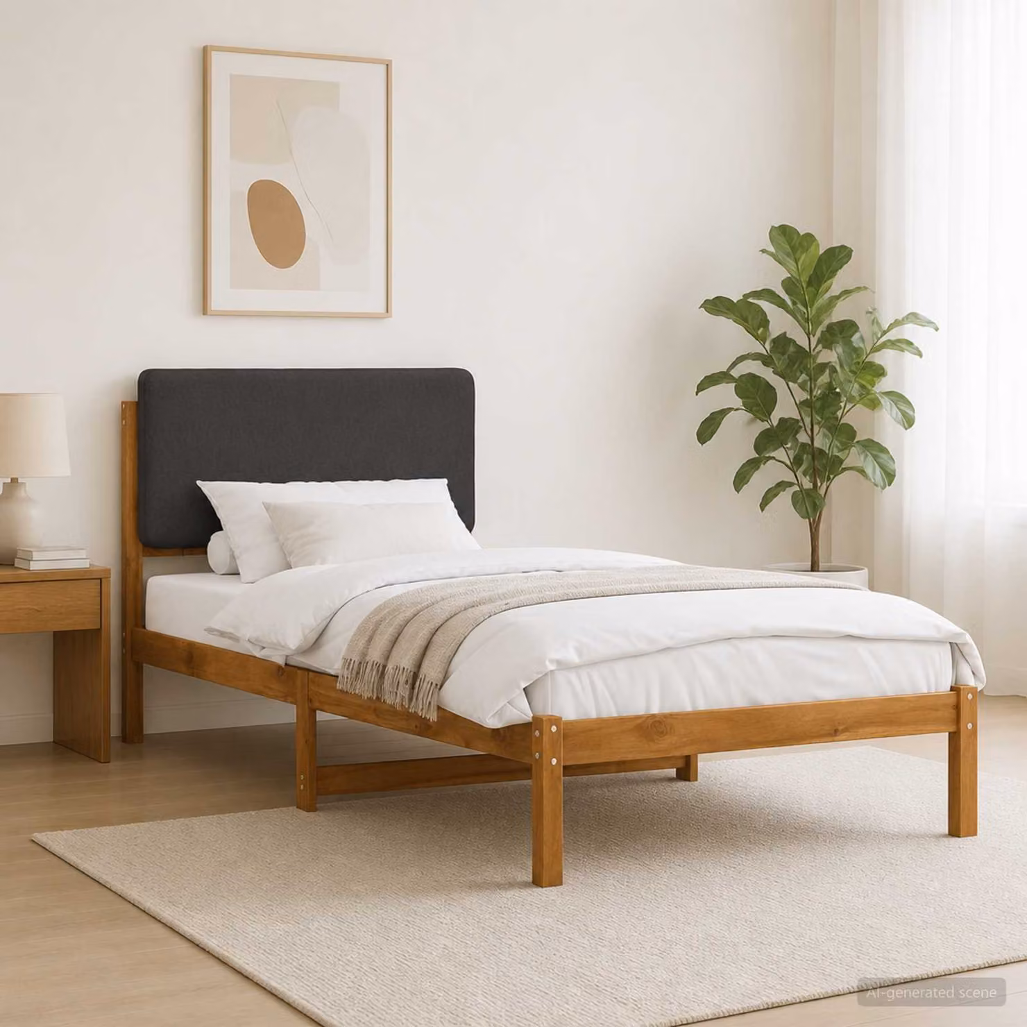 Letto con Testiera Rivestita vidaXL in Legno di Acacia e Tessuto, L/P/H: 90 x 190 x 96 cm