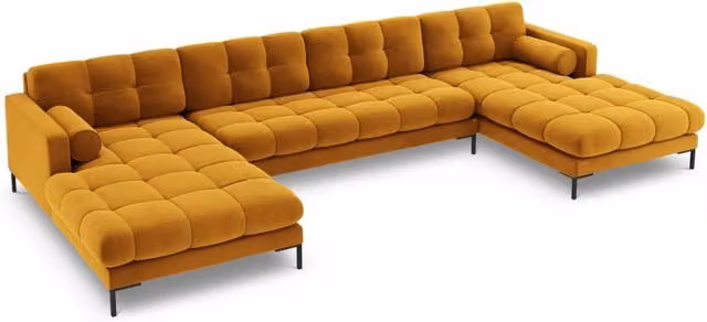 Divano panoramico Bali da 7 posti Cosmopolitan Design in velluto giallo con struttura in metallo e forma a L L: 383 cm, P: 185 cm, H: 75 cm – 1