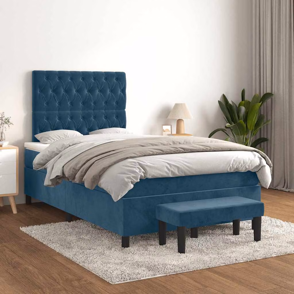 Giroletto a Molle con Materasso Ibrido vidaXL in Velluto Blu e Bianco, L/P/H: 120 x 200 x 123 cm – 1