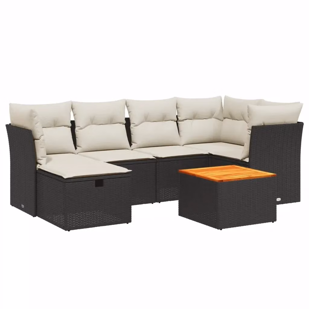 vidaXL Set Divano da Giardino a L con Cuscini 7pz Nero e Bianco con Tavolino e Pouf in Polyrattan e Acciaio – 2