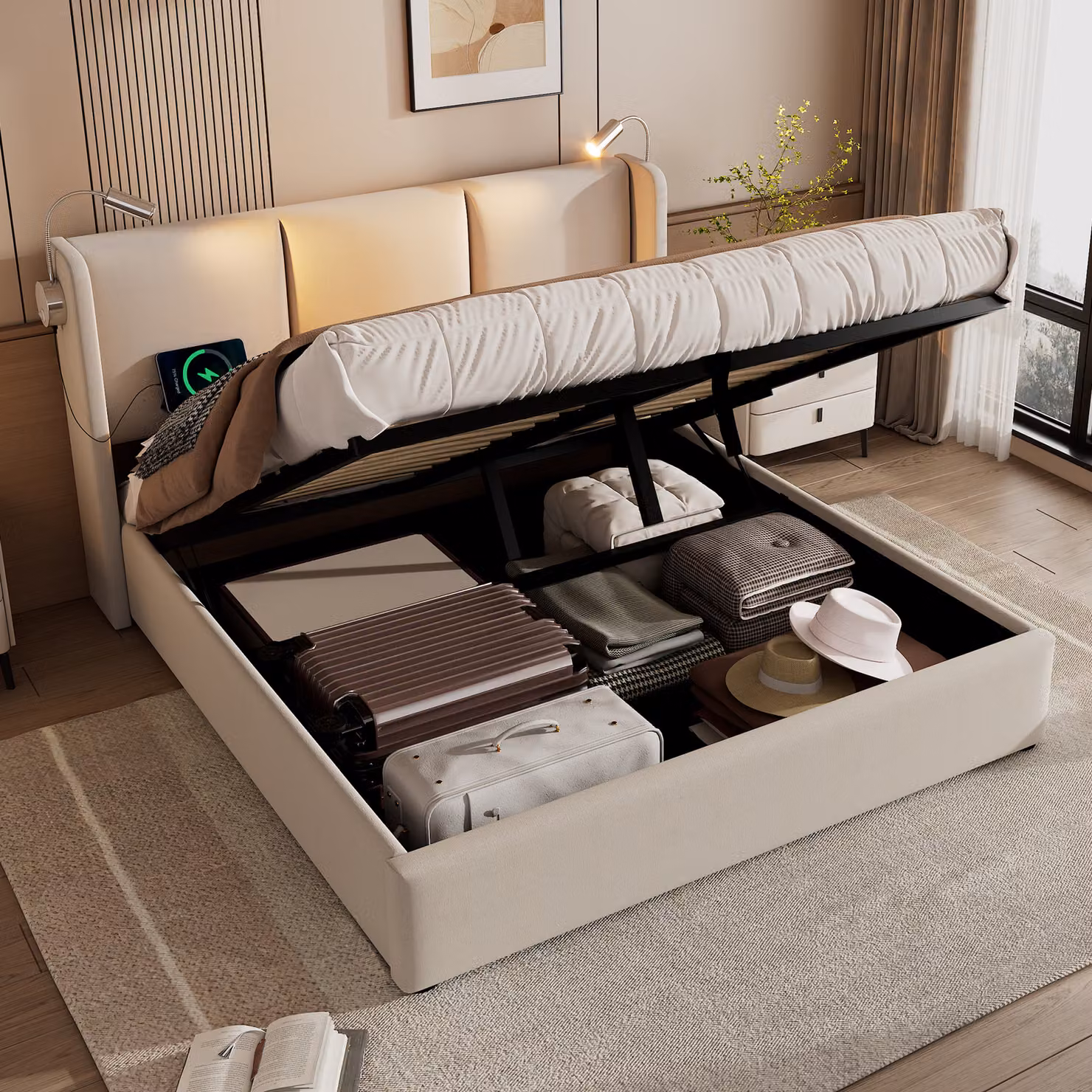 okwish Letto imbottito 160x200 Letto matrimoniale con contenitore, luce di lettura con funzione di ricarica USB, testiera, letto con contenitore, struttura letto, letto per ragazzi, tessuto in lino beige (senza materasso)