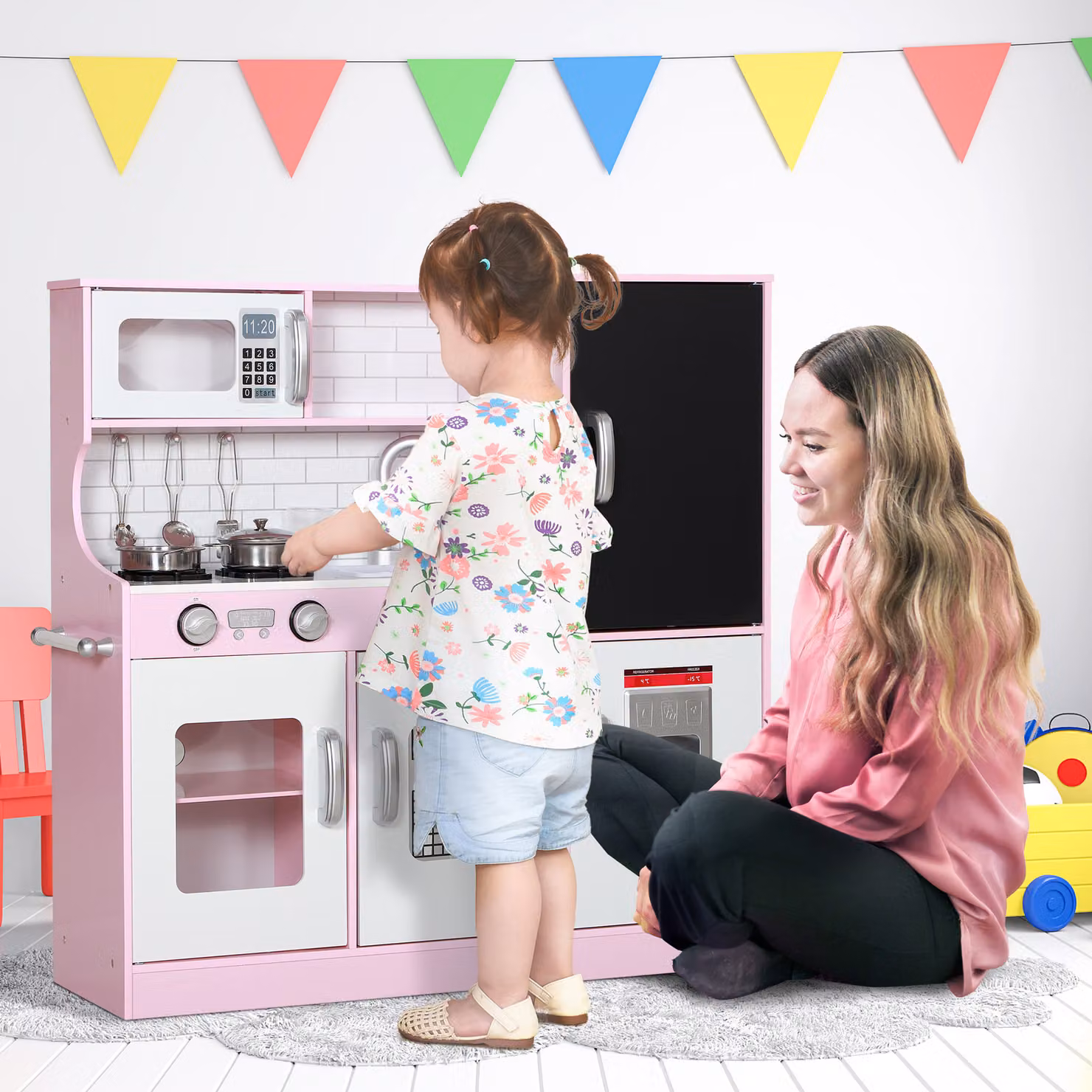 Cucina Giocattolo in Legno AIYAPLAY Rosa con Fornelli, Microonde, Lavandino e Accessori per Bambini dai 3 agli 8 Anni – 2