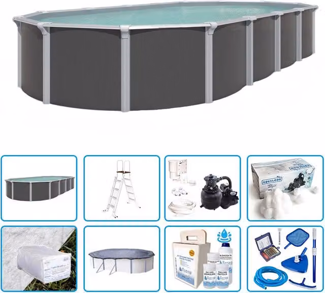 Piscina Fuori Terra Ovale Steeldesign Omega Bsvillage Kit Pro Colore Antracite Grigio Bianco L: 4,90 m, P: 3,65 m, H: 1,32 m
