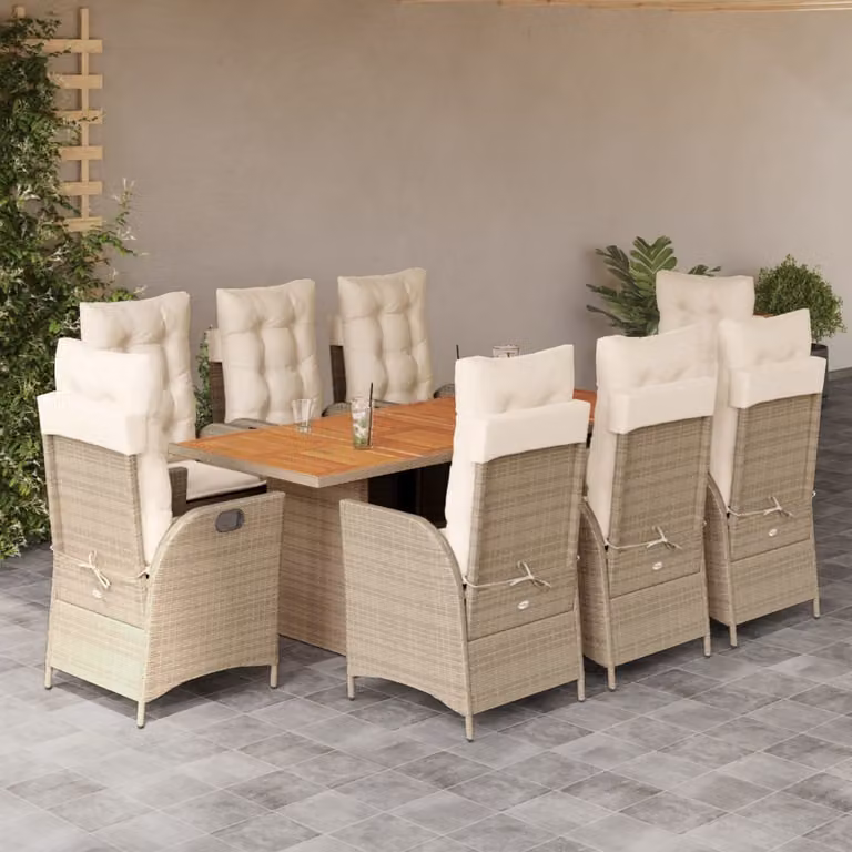 vidaXL Set da Pranzo da Giardino 9 pz in Polyrattan e Legno di Acacia con Cuscini Beige e Bianchi