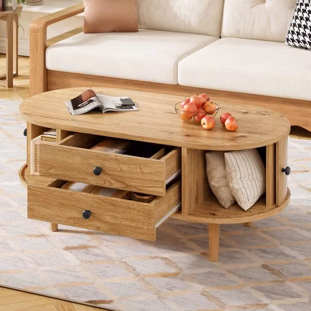 Desviae Tavolino basso ovale con ante scorrevoli, 2 cassetti e gambe in legno, MDF color rovere 100 × 50 × 40 cm