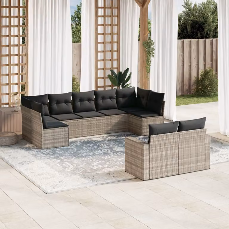 vidaXL Set Divano da Giardino a L in Polyrattan Grigio con 9 Cuscini Imbottiti e Coperture Rimovibili