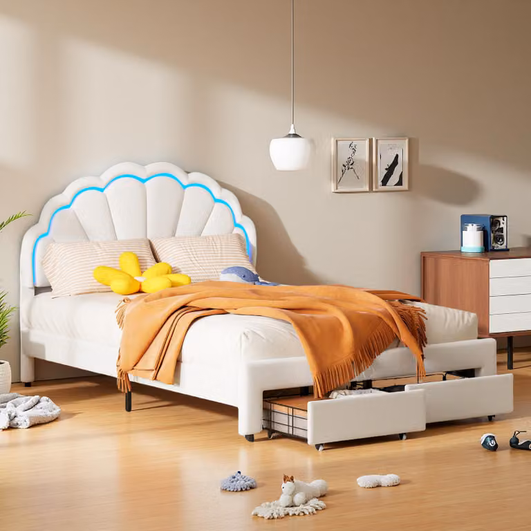Letto imbottito Fortuna Lai 140x200 cm, letto per bambini LED con cassetto e testata a fiore, rete a doghe, velluto, bianco