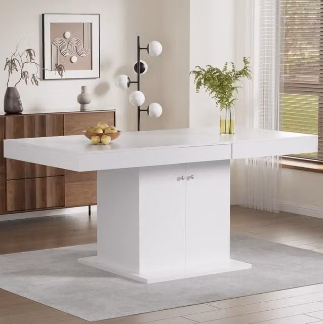 Tavolo da pranzo allungabile 140/180x80x76 cm con vano contenitore in truciolare; bianco