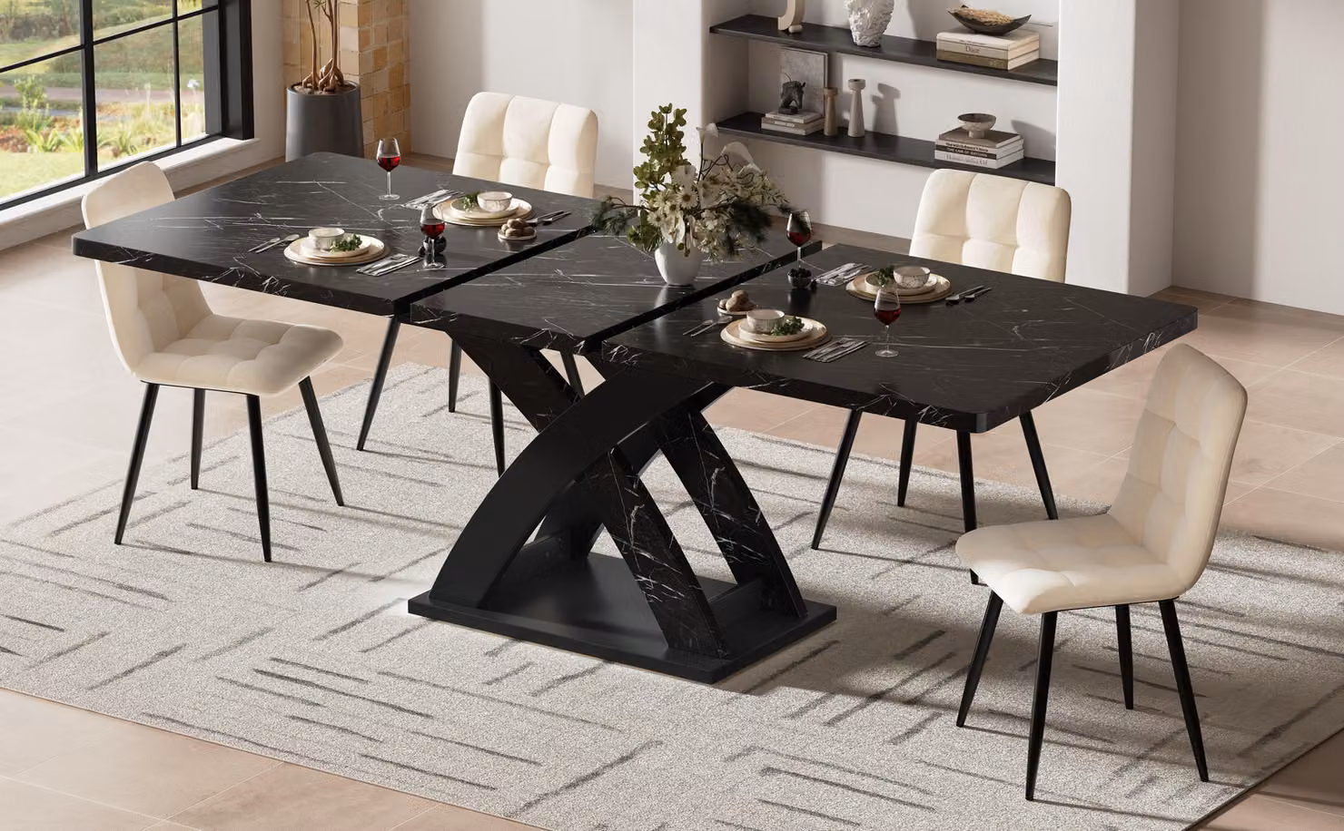 tavolo da pranzo allungabile okwish Tavolo da cucina con montanti a croce a X, tavolo da balcone con piano allungabile e staffe di estensione in metallo per un massimo di 6 persone, nero